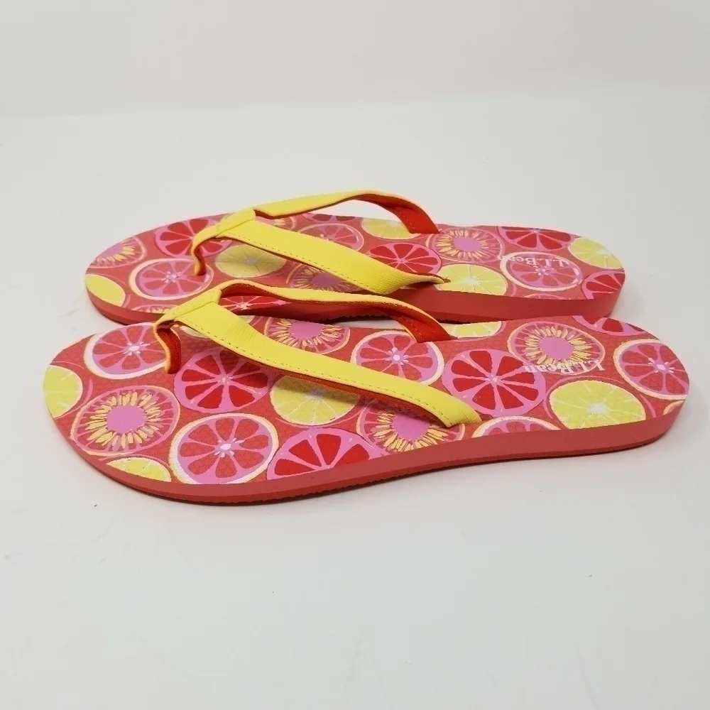 LL Bean Womens Flip Flops Sandals Sz L 9-10 Thong Citrus Fruit Print Pink Yellow